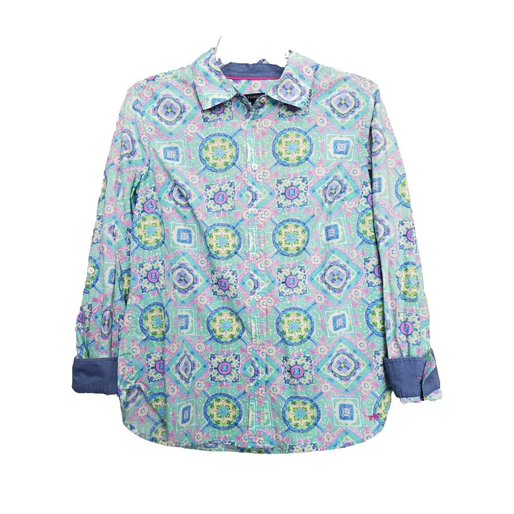Talbots Cotton Medallion Geo Print Flip-Cuff Button-Up Shirt Size Medium